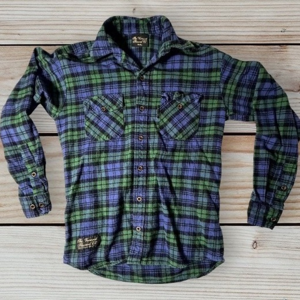 The‎ Vermont Flannel Co Mens Small Green Blue Plaid Heavyweight Flannel Shirt